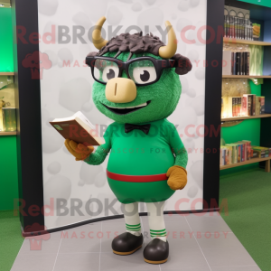 Forest Green Beef Wellington mascot costume character dressed with a Shorts and Reading glasses