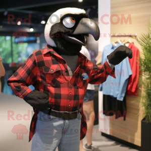 Black Macaw mascot costume character dressed with a Flannel Shirt and Watches