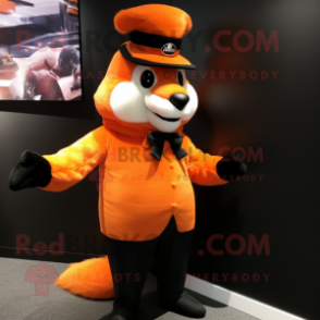 Orange Skunk mascot costume character dressed with a Suit and Berets