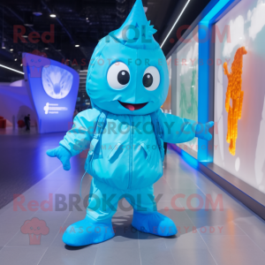 Cyan Ice mascot costume character dressed with a Raincoat and Backpacks