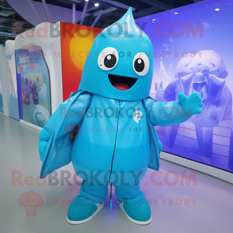 Cyan Ice mascot costume character dressed with a Raincoat and Backpacks