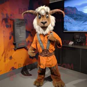 Rust Goat mascot costume character dressed with a Cargo Shorts and Shawl pins