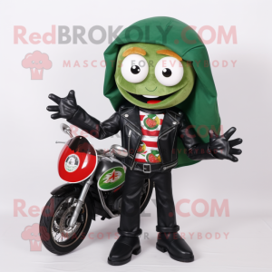 Forest Green Paella mascot costume character dressed with a Biker Jacket and Pocket squares