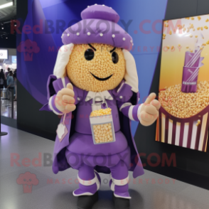 Purple Pop Corn mascot costume character dressed with a A-Line Dress and Backpacks