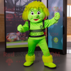 Lime Green Irish Dancer mascot costume character dressed with a Jeans and Gloves
