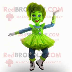 Lime Green Irish Dancer mascot costume character dressed with a Jeans and Gloves