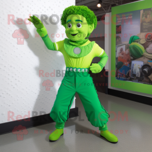 Lime Green Irish Dancer mascot costume character dressed with a Jeans and Gloves