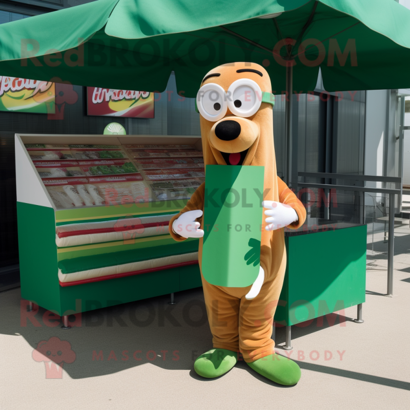 Green Hot Dogs mascot costume character dressed with a Graphic Tee and Reading glasses