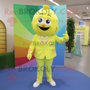 Lemon Yellow Rainbow mascot costume character dressed with a Jacket and Cufflinks