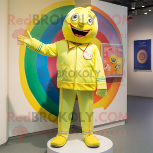 Lemon Yellow Rainbow mascot costume character dressed with a Jacket and Cufflinks
