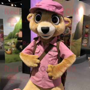 Pink Meerkat mascot costume character dressed with a Tank Top and Hats