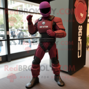 Maroon Gi Joe mascot costume character dressed with a Skinny Jeans and Foot pads