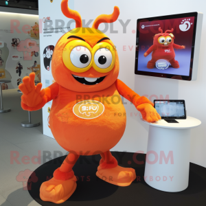 Orange Demon mascot costume character dressed with a Wrap Skirt and Smartwatches