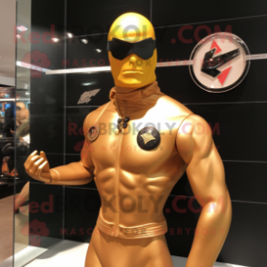 Gold Gi Joe mascot costume character dressed with a One-Piece Swimsuit and Lapel pins