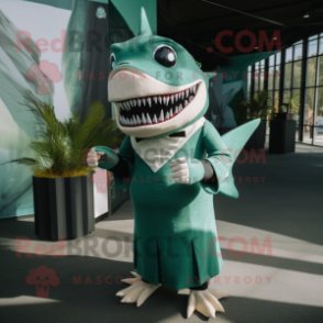 Green Megalodon mascot costume character dressed with a A-Line Skirt and Lapel pins