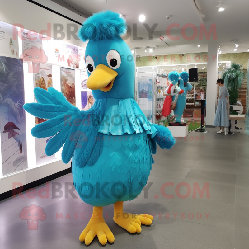 Turquoise Chicken mascot costume character dressed with a A-Line Dress and Hair clips