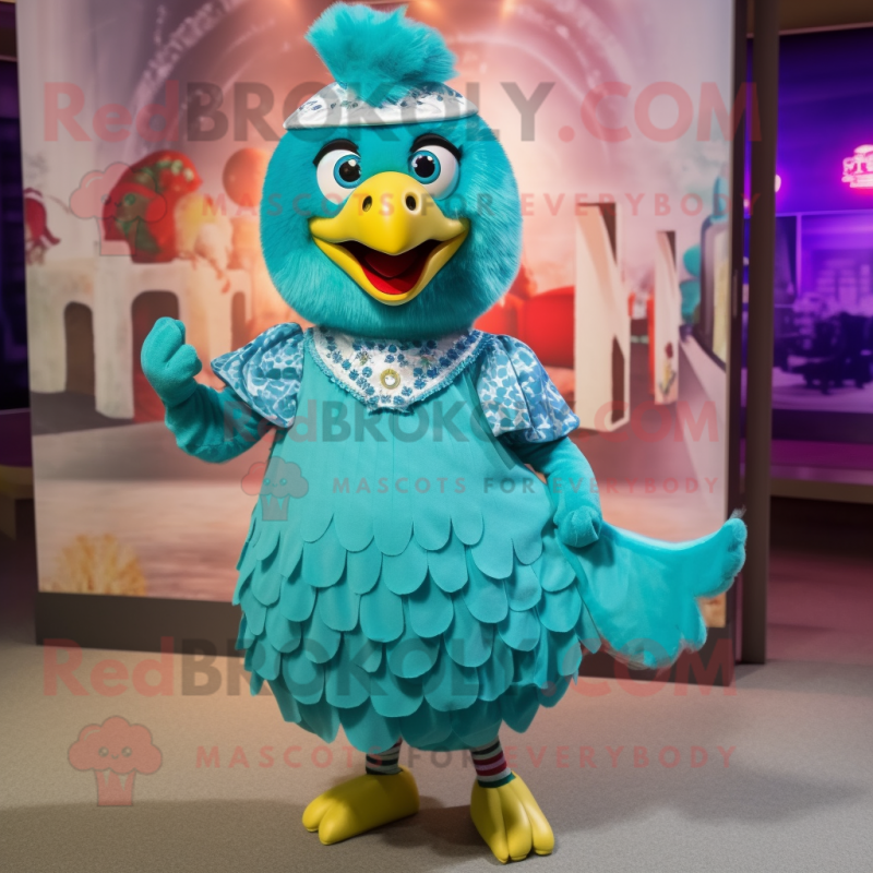 Turquoise Chicken mascot costume character dressed with a A-Line Dress and Hair clips