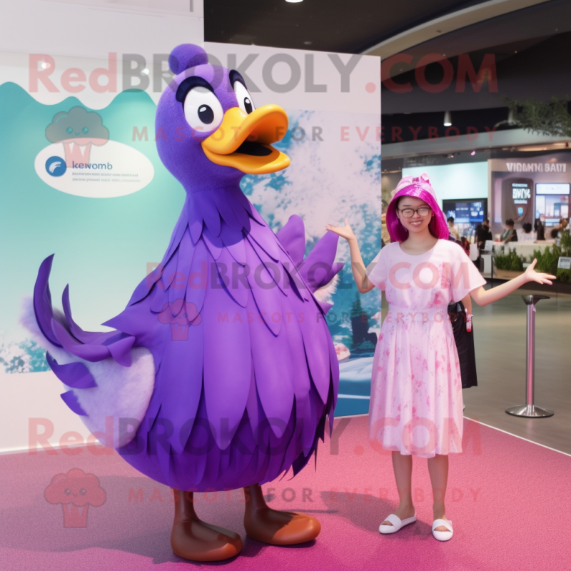 Purple Swans mascot costume character dressed with a Maxi Dress and Hairpins