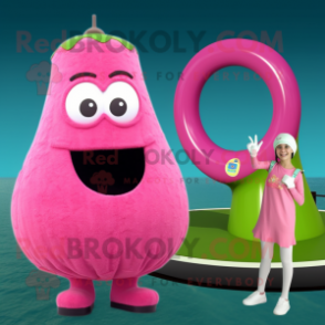 Pink Zucchini mascot costume character dressed with a One-Piece Swimsuit and Rings