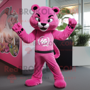 Pink Jaguar mascot costume character dressed with a Jeggings and Gloves