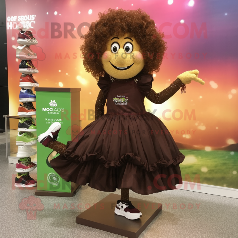 Brown Irish Dancing Shoes mascot costume character dressed with a Ball Gown and Shoe clips