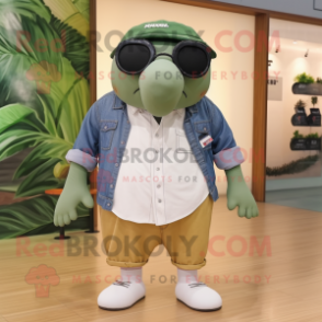 Olive Humpback Whale mascot costume character dressed with a Denim Shorts and Eyeglasses