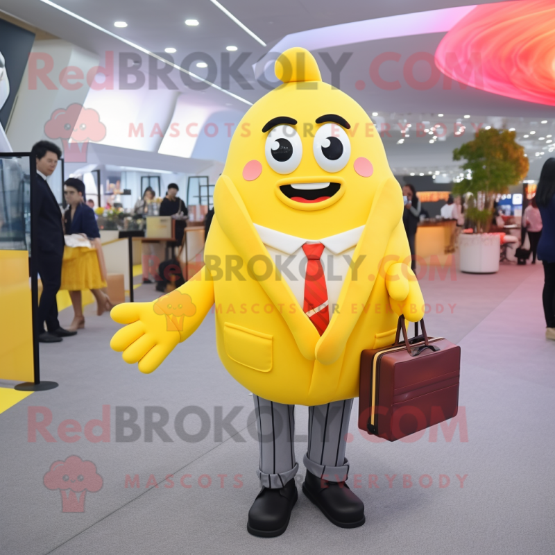 Lemon Yellow French Fries mascot costume character dressed with a Suit and Handbags