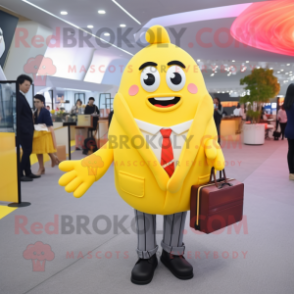 Lemon Yellow French Fries mascot costume character dressed with a Suit and Handbags