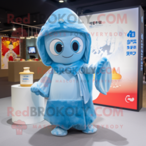 Sky Blue Miso Soup mascot costume character dressed with a Playsuit and Shawl pins