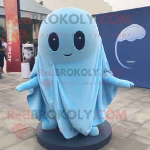 Sky Blue Miso Soup mascot costume character dressed with a Playsuit and Shawl pins
