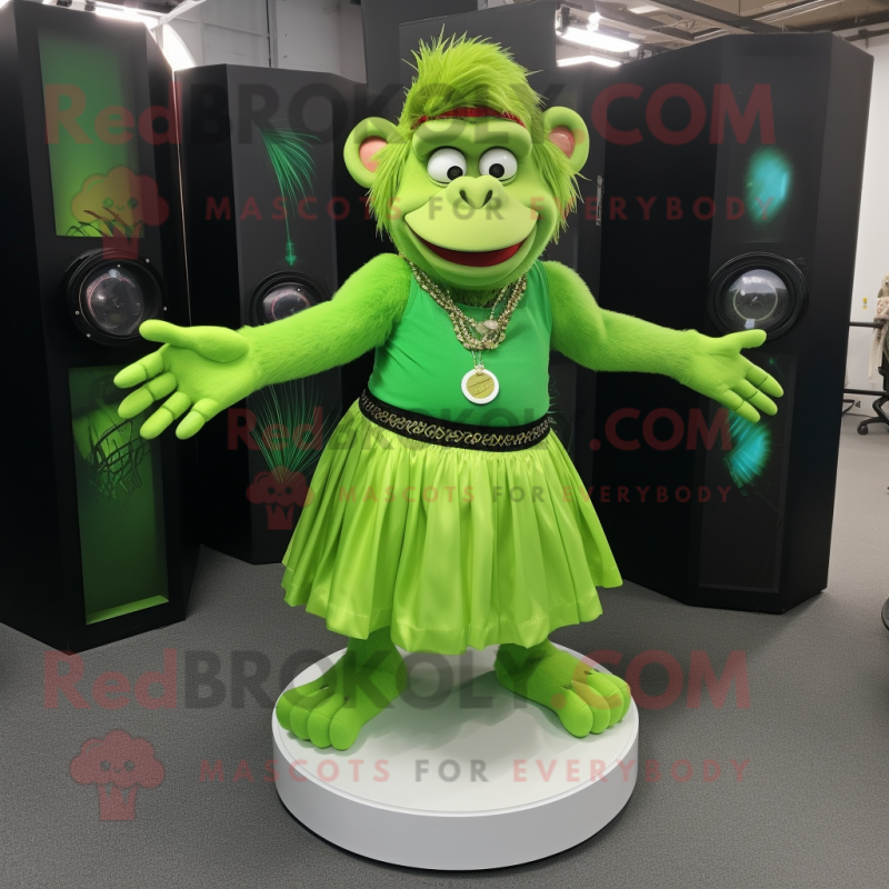 Lime Green Chimpanzee mascot costume character dressed with a Pleated Skirt and Bracelet watches