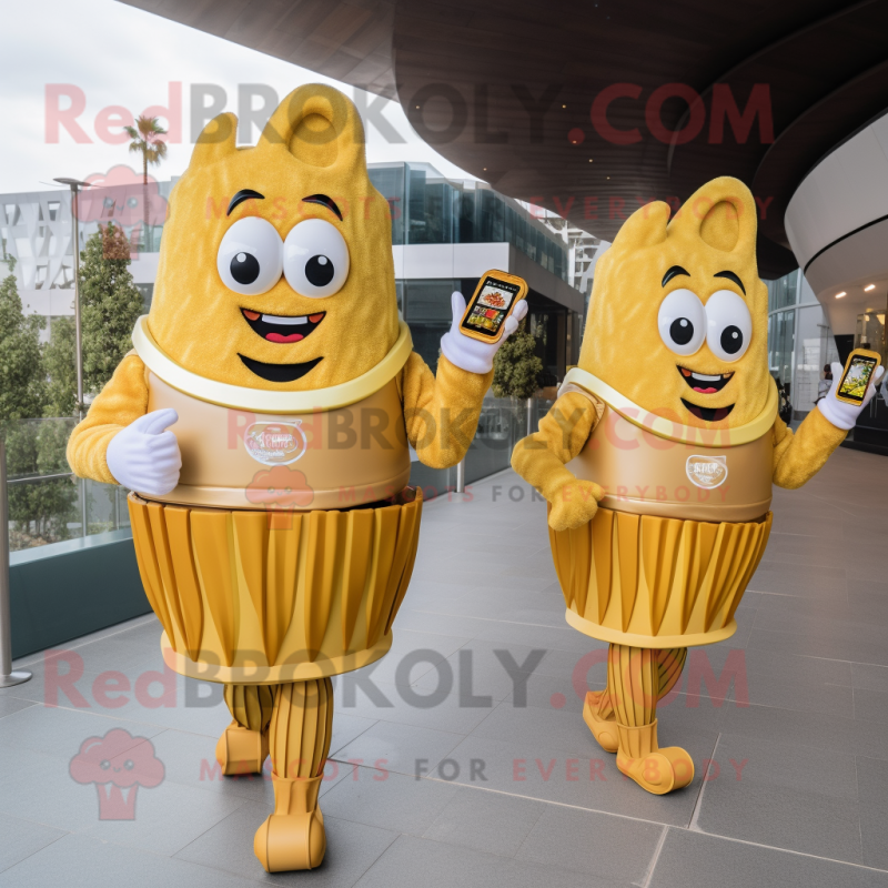 Gold French Fries mascot costume character dressed with a Skirt and Smartwatches