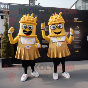 Gold French Fries mascot costume character dressed with a Skirt and Smartwatches