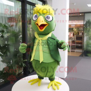 Forest Green Canary mascot costume character dressed with a Poplin Shirt and Hair clips