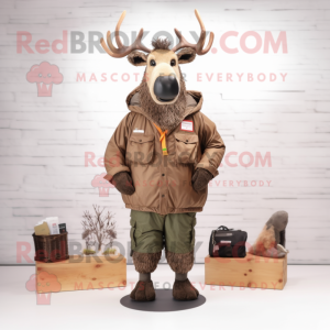 Brown Elk mascot costume character dressed with a Parka and Pocket squares