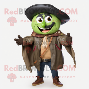 Olive Fajitas mascot costume character dressed with a Leather Jacket and Shawl pins