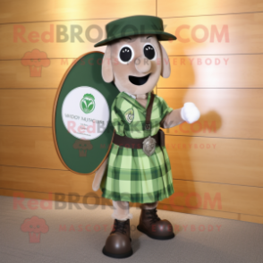 Olive Celtic Shield mascot costume character dressed with a Button-Up Shirt and Hats