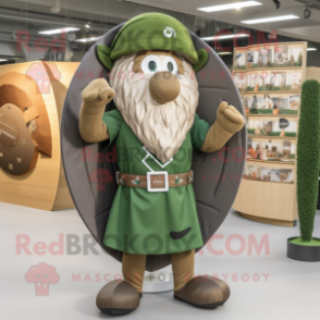Olive Celtic Shield mascot costume character dressed with a Button-Up Shirt and Hats