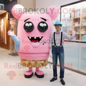 Pink Ice Cream mascot costume character dressed with a Boyfriend Jeans and Bow ties