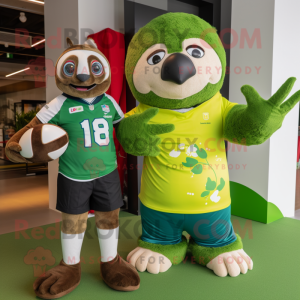 Lime Green Sloth mascot costume character dressed with a Rugby Shirt and Watches