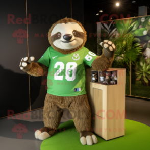 Lime Green Sloth mascot costume character dressed with a Rugby Shirt and Watches