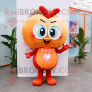 Peach Heart mascot costume character dressed with a V-Neck Tee and Rings