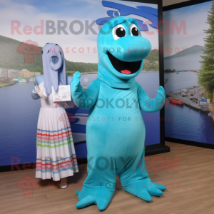 Sky Blue Loch Ness Monster mascot costume character dressed with a Maxi Skirt and Shoe laces