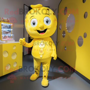 Yellow Candy Box mascot costume character dressed with a Jeggings and Brooches