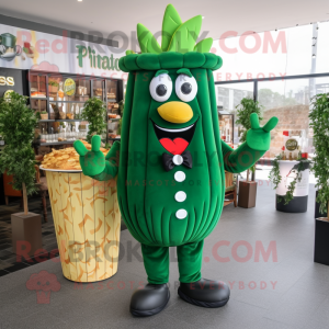 Forest Green French Fries mascot costume character dressed with a Cocktail Dress and Shoe clips