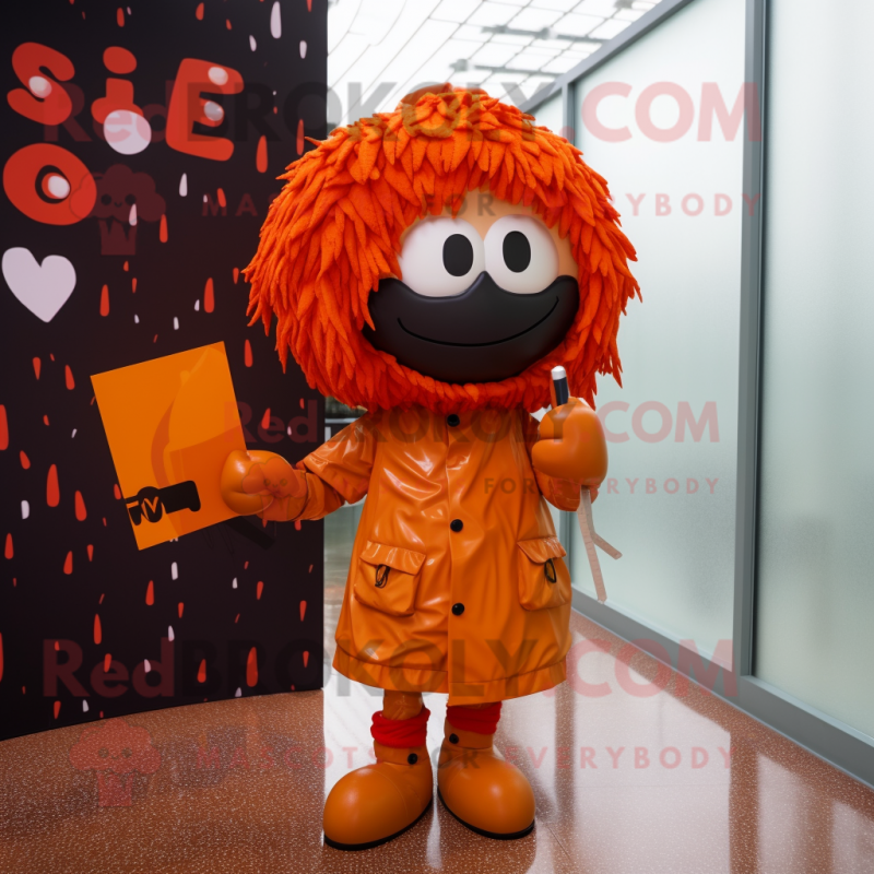 Rust Love Letter mascot costume character dressed with a Raincoat and Shoe laces