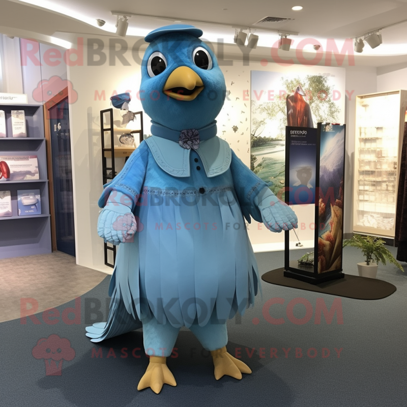 Blue Pigeon mascot costume character dressed with a A-Line Dress and Suspenders