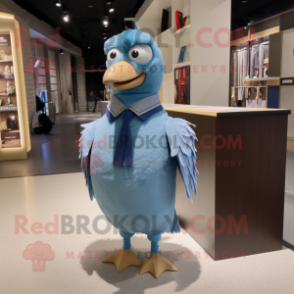 Blue Pigeon mascot costume character dressed with a A-Line Dress and Suspenders