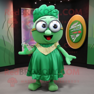 Green Gyro mascot costume character dressed with a Circle Skirt and Reading glasses