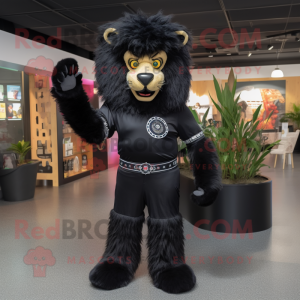 Black Tamer Lion mascot costume character dressed with a Bootcut Jeans and Bracelets